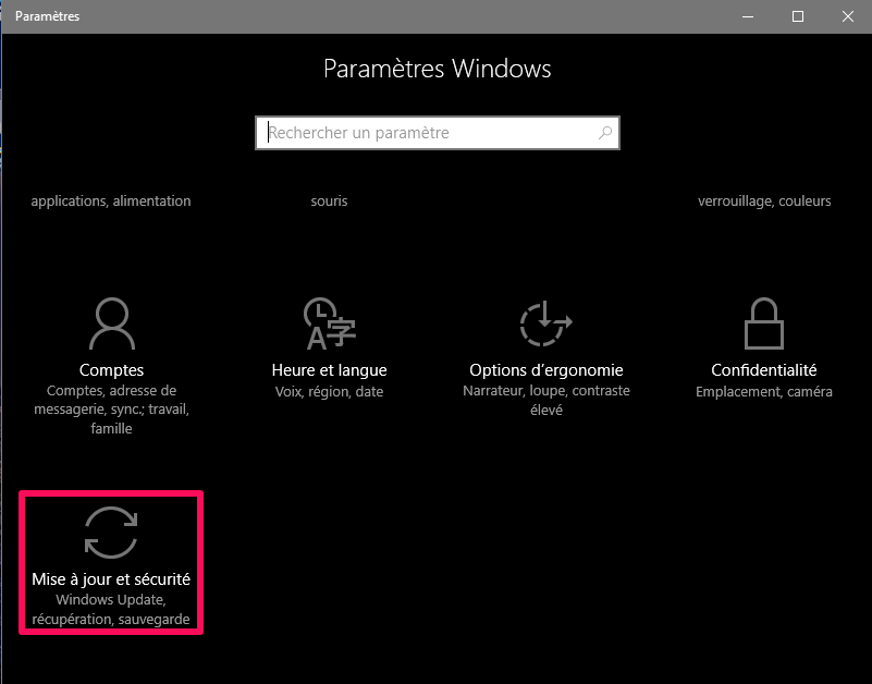 paramètres Windows 10